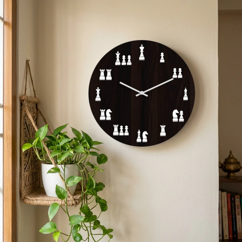 Chess Pieces Art Wall Clock - Brown Front View
