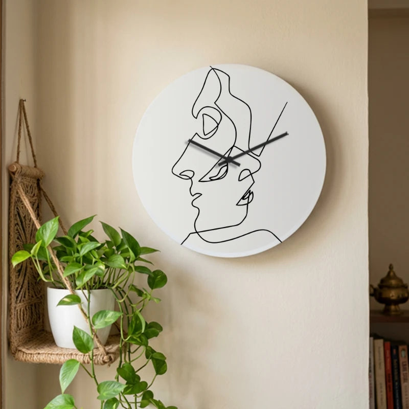 Dual Faces Embrace Line Art Wall Clock - White Front View