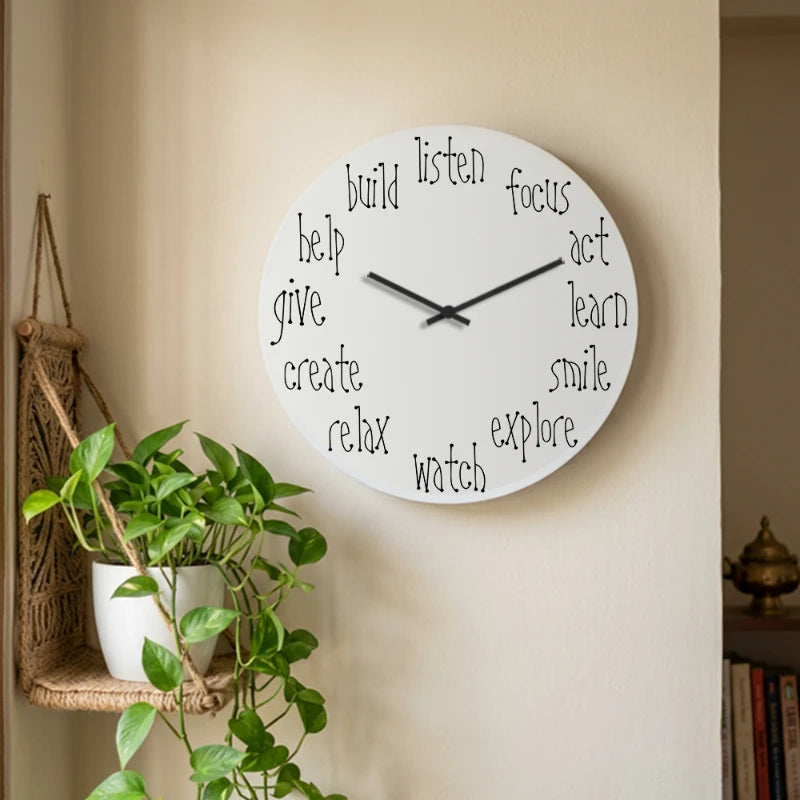 Inspirational Action Words Wall Clock - White Front View